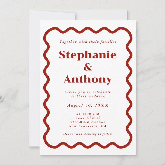 Retro 1950s Wavy Edge Dark Red Wedding Invitation (Front)