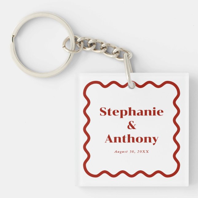 Retro 1950s Wavy Edge Dark Red Wedding Keychain (Front)