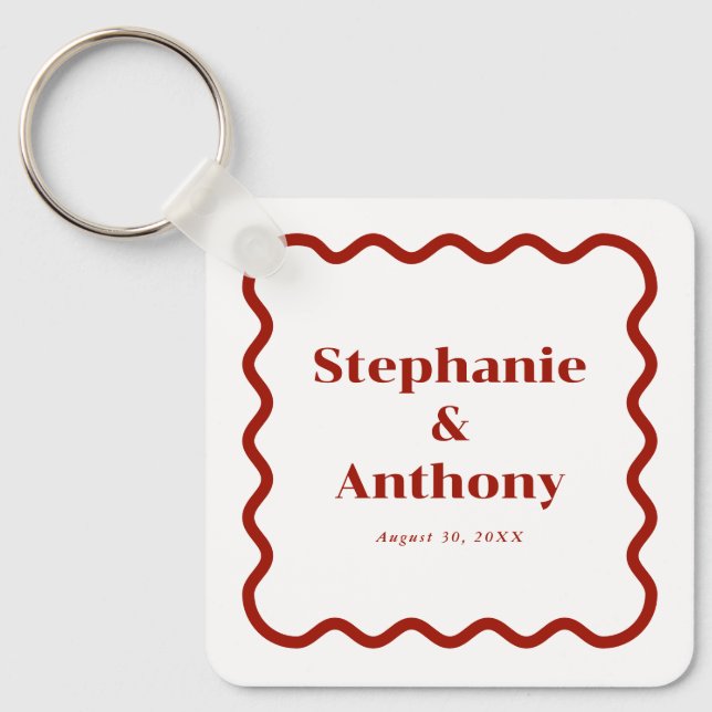 Retro 1950s Wavy Edge Dark Red Wedding Keychain (Front)