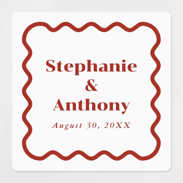 Retro 1950s Wavy Edge Dark Red Wedding Labels (Design 1)