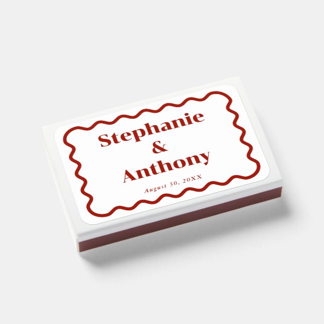 Retro 1950s Wavy Edge Dark Red Wedding Matchboxes (Front Closed)