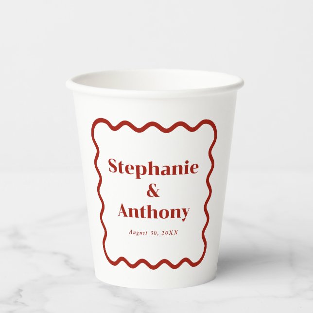 Retro 1950s Wavy Edge Dark Red Wedding Paper Cups (Front)