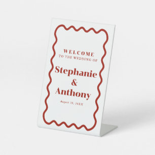 Retro 1950s Wavy Edge Dark Red Wedding Pedestal Sign