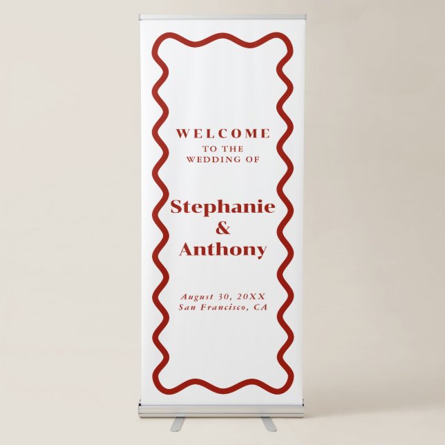 Retro 1950s Wavy Edge Dark Red Wedding Retractable Banner (Front)
