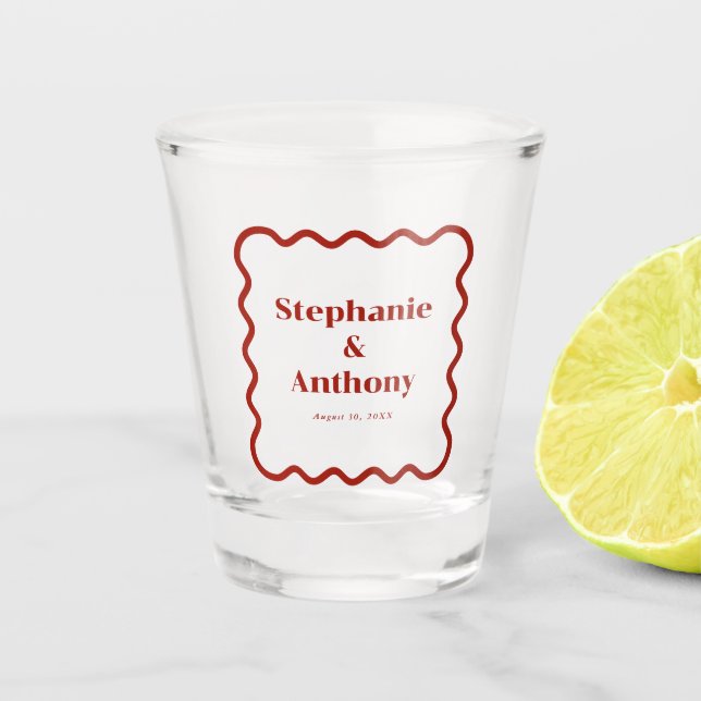 Retro 1950s Wavy Edge Dark Red Wedding Shot Glass (Front)