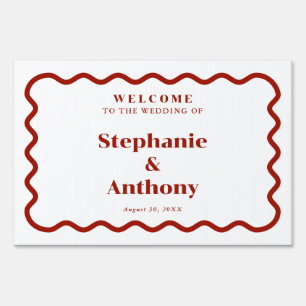 Retro 1950s Wavy Edge Dark Red Wedding Sign