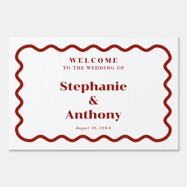 Retro 1950s Wavy Edge Dark Red Wedding Sign (Front)