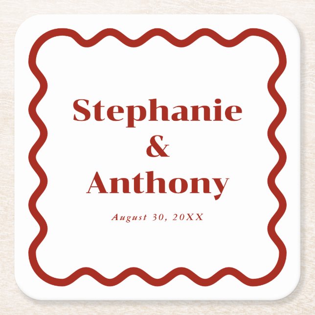 Retro 1950s Wavy Edge Dark Red Wedding Square Paper Coaster (Front)