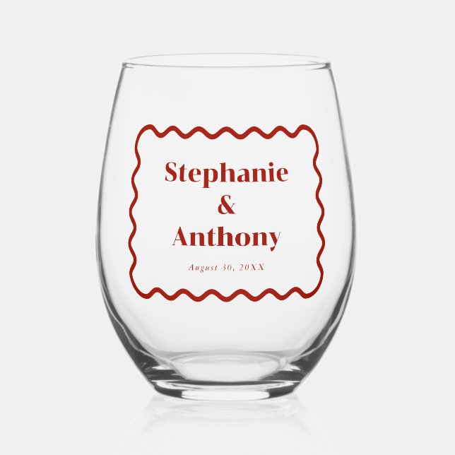 Retro 1950s Wavy Edge Dark Red Wedding Stemless Wine Glass (Front)