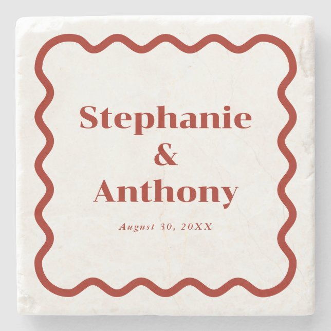 Retro 1950s Wavy Edge Dark Red Wedding Stone Coaster (Front)