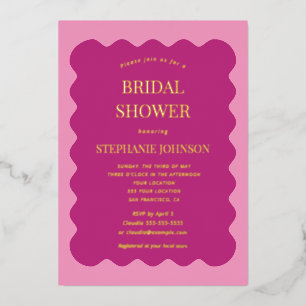 Retro 1950s Wavy Edge Magenta and Pink Bridal   Foil Invitation
