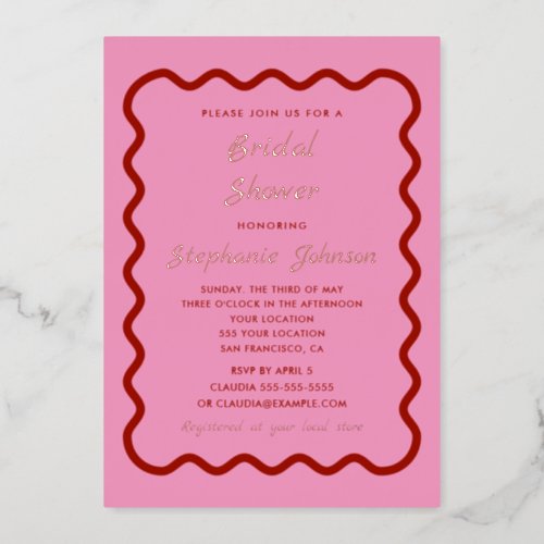 Retro 1950s Wavy Edge Pink and Red Bridal   Foil Invitation