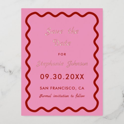 Retro 1950s Wavy Edge Pink and Red Bridal   Foil Invitation Postcard