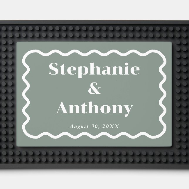 Retro 1950s Wavy Edge Sage Green Wedding Bar Mat (Front (Close Up))