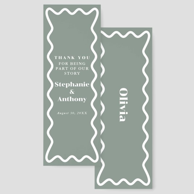 Retro 1950s Wavy Edge Sage Green Wedding Bookmarks (Front & Back)