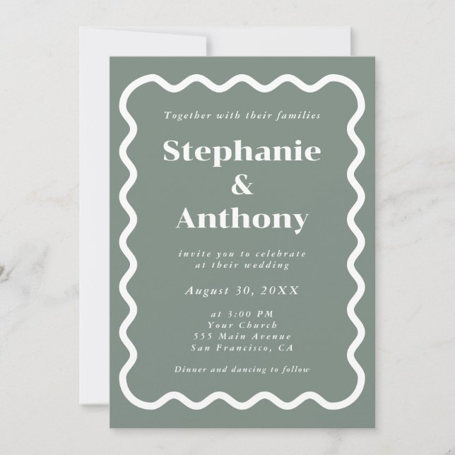 Retro 1950s Wavy Edge Sage Green Wedding Invitation (Front)