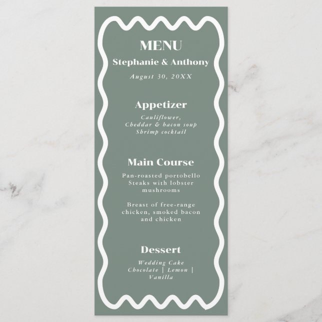 Retro 1950s Wavy Edge Sage Green Wedding Menu (Front)