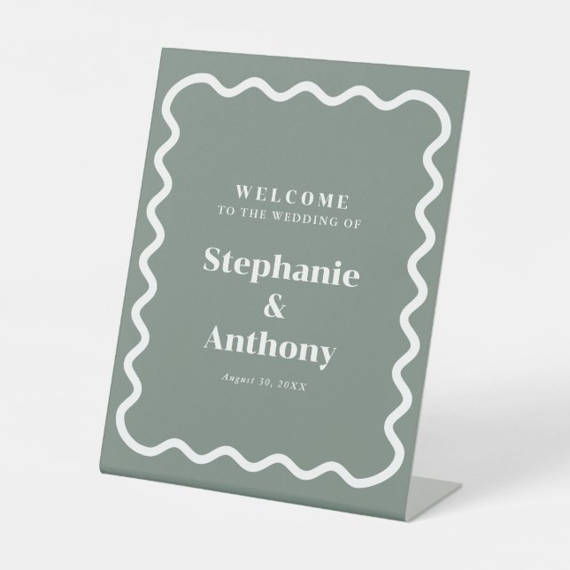 Retro 1950s Wavy Edge Sage Green Wedding Pedestal Sign (Front)