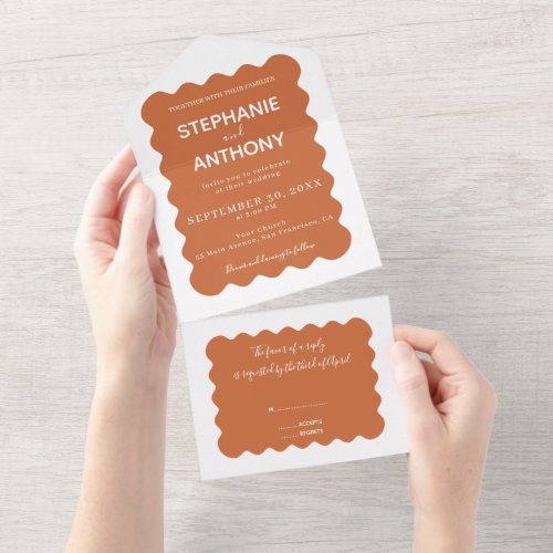 Retro 1950s Wavy Edge Terracotta Wedding   All In One Invitation