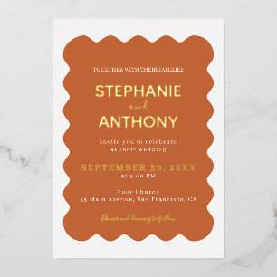 Retro 1950s Wavy Edge Terracotta Wedding   Foil Invitation