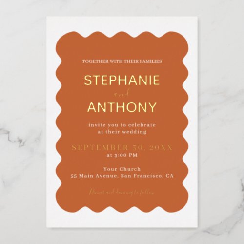 Retro 1950s Wavy Edge Terracotta Wedding   Foil Invitation