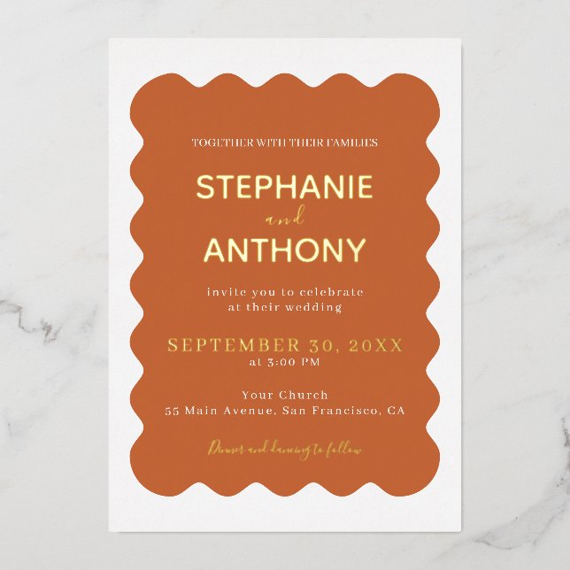 Retro 1950s Wavy Edge Terracotta Wedding   Foil Invitation (Front)