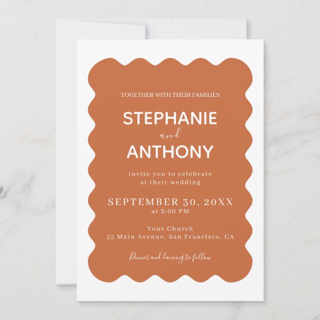 Retro 1950s Wavy Edge Terracotta Wedding  Invitation (Front)