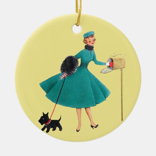 Retro 1950s Woman w Scottie Dog Christmas Ceramic Ornament