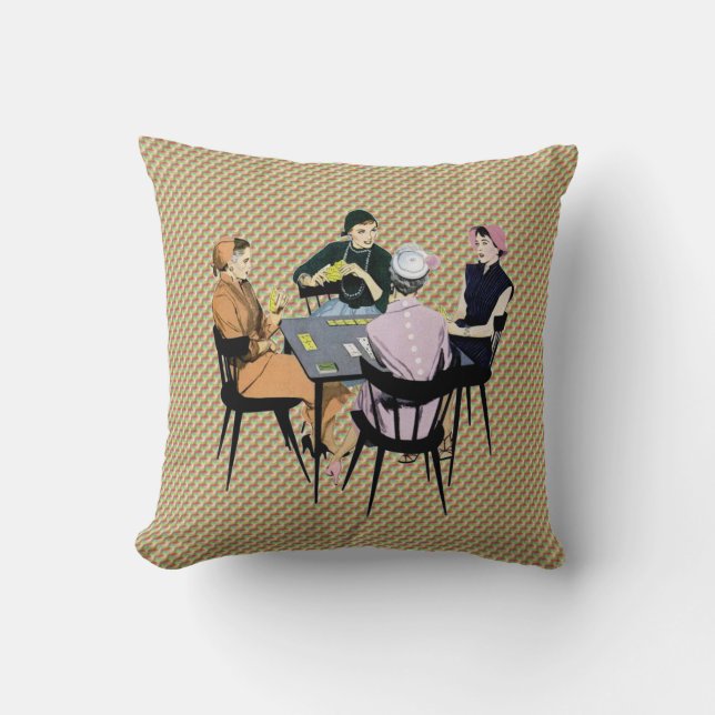 Retro 1950s Women Playing Cards Throw Pillow (Front)