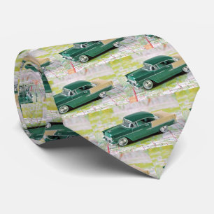 Retro 1955 Car on Map Neck Tie