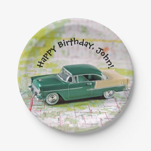 retro 1955 car on road map birthday paper plates