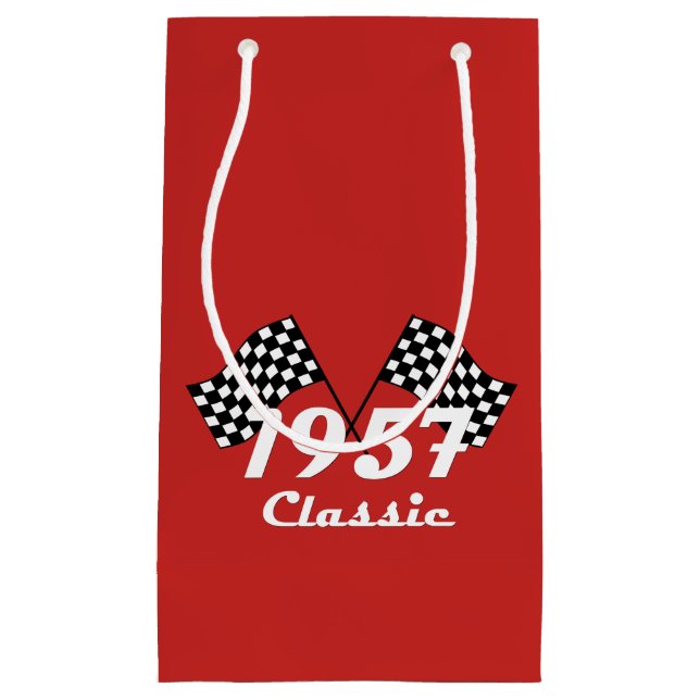 Retro 1957 Classic Black & White Checkered Flag Small Gift Bag (Front)