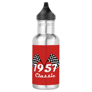 Retro 1957 Classic Black & White Checkered Flag Stainless Steel Water Bottle