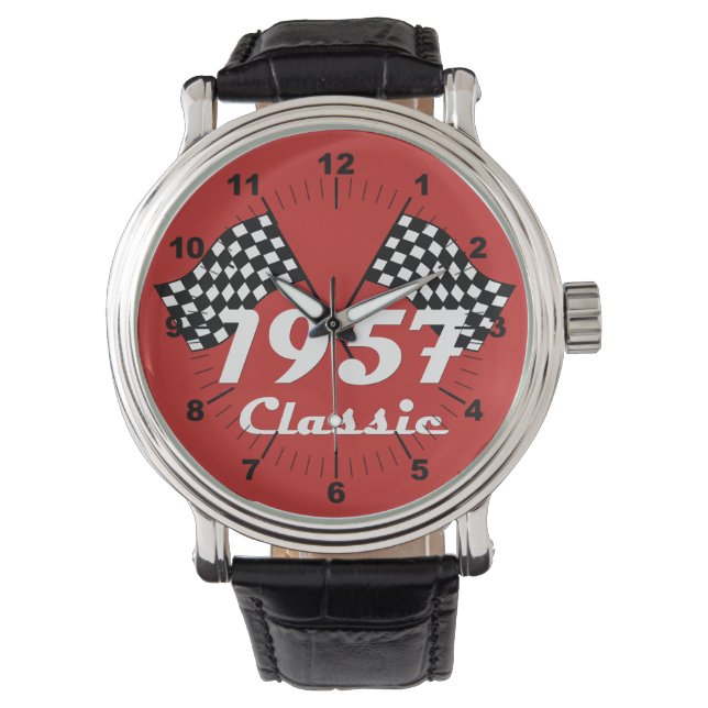 Retro 1957 Classic Black & White Checkered Flag Watch (Front)