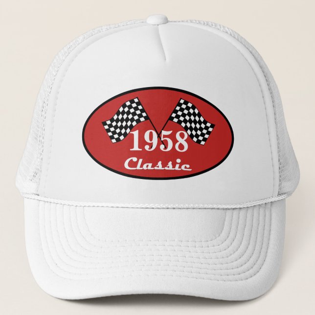 Retro 1958 Birthday Classic Checked Race Flag Trucker Hat (Front)