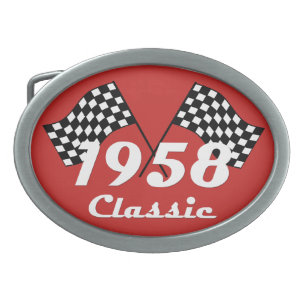 Retro 1958 Classic Black & White Checked Race Flag Belt Buckle