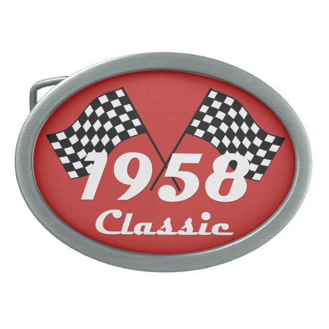 Retro 1958 Classic Black & White Checked Race Flag Belt Buckle (Front)