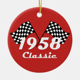 Retro 1958 Classic Black & White Checked Race Flag Ceramic Ornament