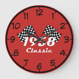 Retro 1958 Classic Black & White Checked Race Flag Large Clock