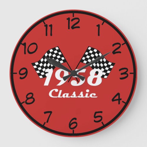 Retro 1958 Classic Black  White Checked Race Flag Large Clock