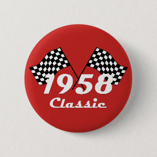 Retro 1958 Classic Black & White Checked Race Flag Pinback Button