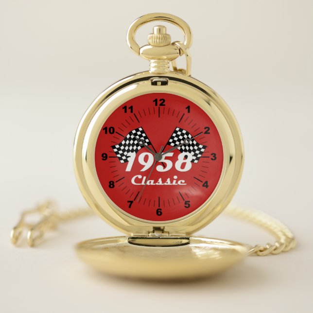 Retro 1958 Classic Black & White Checked Race Flag Pocket Watch (Inside)