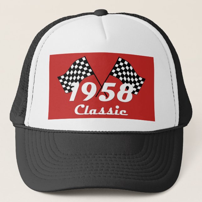 Retro 1958 Classic Black White Checked Race Flag Trucker Hat (Front)