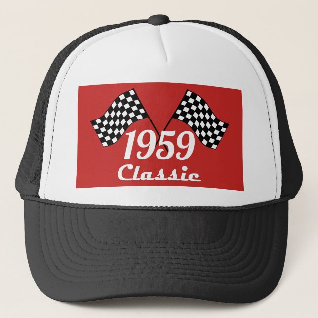 Retro 1959 Classic Black White Checked Race Flag Trucker Hat (Front)