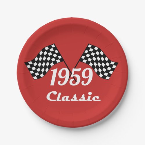 Retro 1959 Classic Black  White Checkered Flag Paper Plates