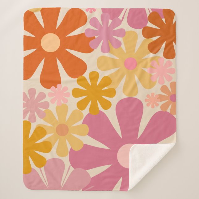 Retro 1960s 1970s Flowers Floral Pattern Sherpa Blanket (Front)