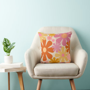 Retro 1960s 1970s Flowers Floral Pattern Throw Pillow