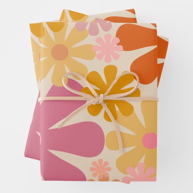 Retro 1960s 1970s Flowers Floral Pattern Wrapping Paper Sheets (In situ)