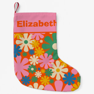 Retro 1960s Colorful Floral Pattern with Name Small Christmas Stocking