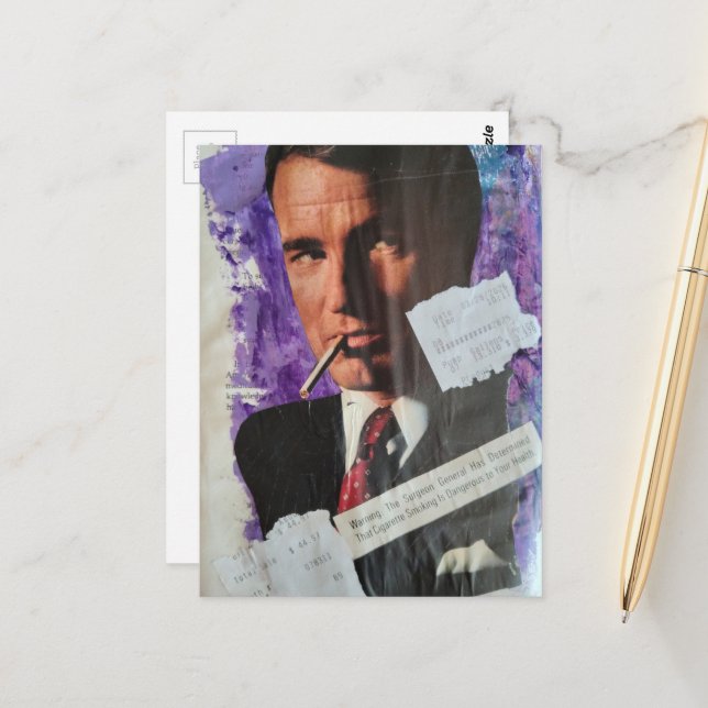 Retro 1960s era smoker man heath danger collage postcard (Front/Back In Situ)